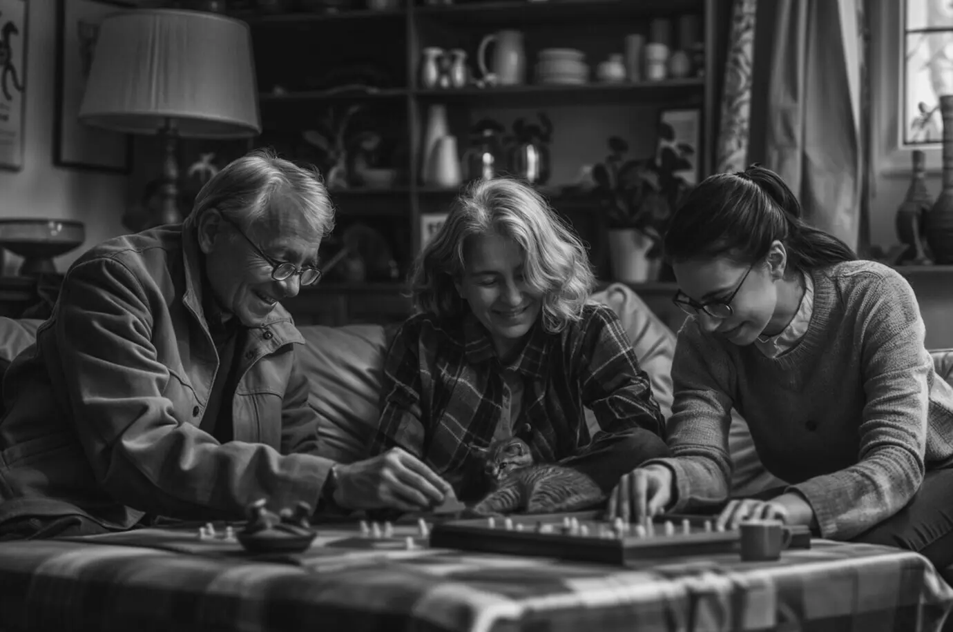 Schwarz-Weiß-Porträt von Eltern und Kindern, die als Familie Zeit miteinander verbringen.